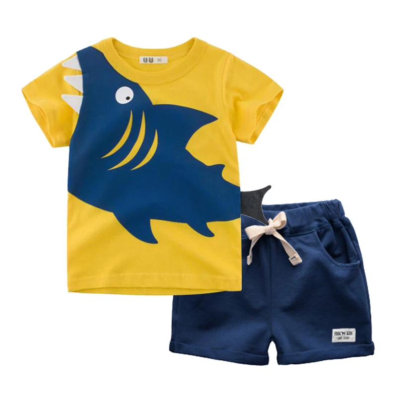 BINUDUCKLING/ г. Модный летний комплект одежды для маленьких мальчиков, футболка с короткими рукавами и принтом акулы+ шорты, детская одежда из хлопка