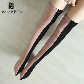 

Prova Perfetto Color Block Women Thigh High Boots Slim Fit Elastic Sock Boot Female 8CM High Heel Over The Knee Boot Botas Mujer