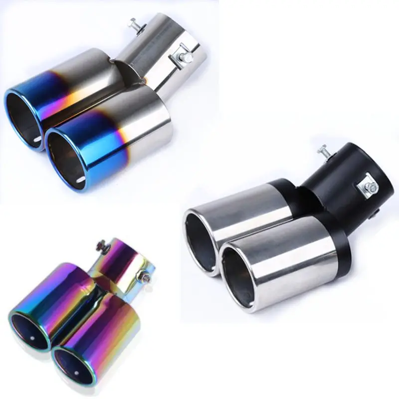 

Auto Round Bent Exhaust Muffler Tip Stainless Steel Exhause 1 to 2 Dual Pipe Chrome Trim Modified Rear Tail Throat Liner