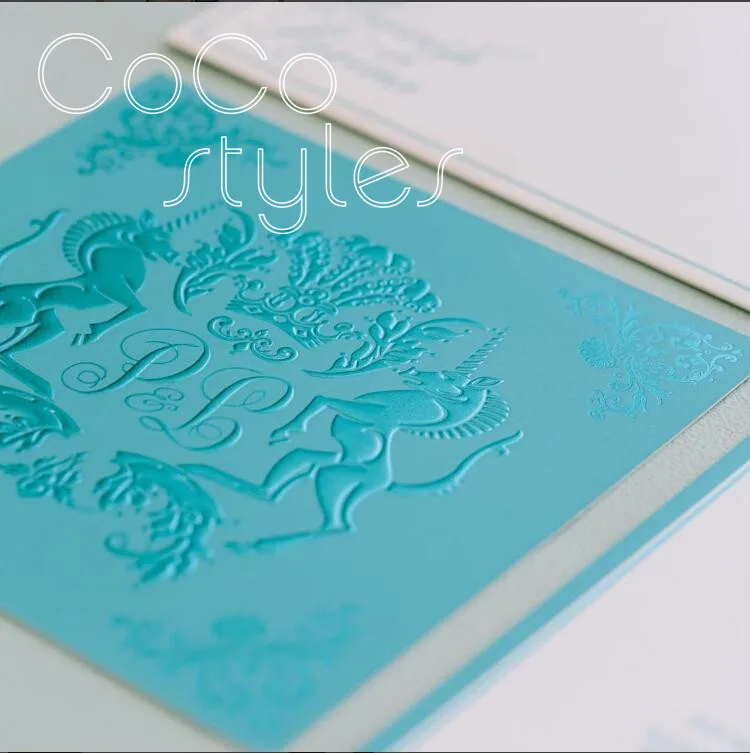 Cocostyles bespoke exquisite blue debossed design invitation card with matching envelope for royal  - 32891894330