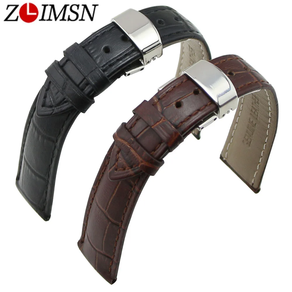 ZLIMSN Butterfly Clasp Genuine Leather Watch Strap 18 20mm Deployant