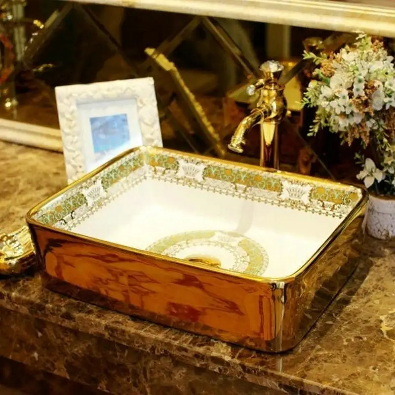 

Luxurious Patterned Golden Rectangular Countertop Ceramic Bathroom Sink Wash Basin