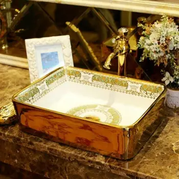 

Luxurious Patterned Golden Rectangular Countertop Ceramic Bathroom Sink Wash Basin