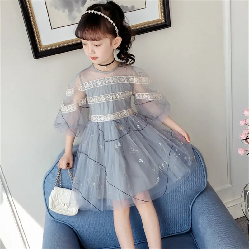 

Girls Spring Dress 2019 New Korean Children's Summer Seven-point Sleeve Dress Net Princess Dress Fashion Party Dress Clothings