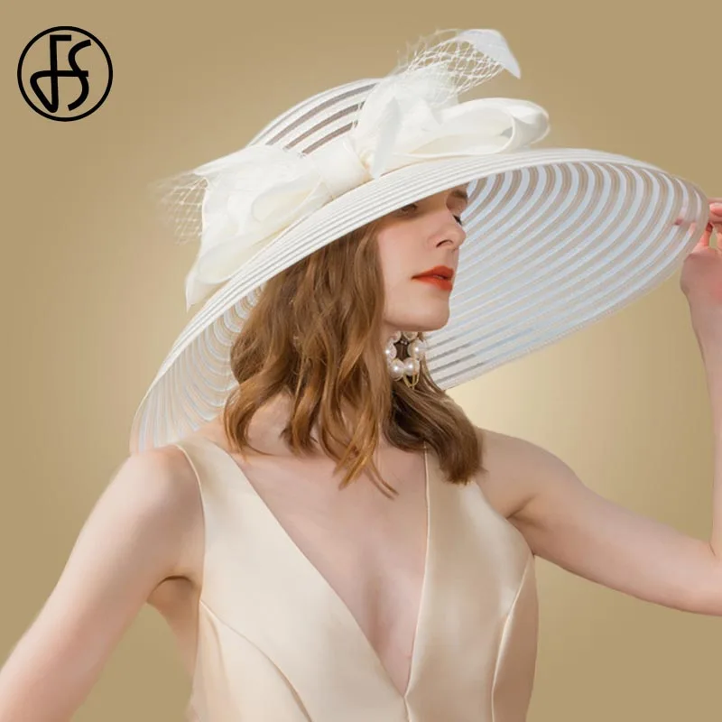 Sombreros de boda de ala grande para mujer elegante negro Kentucky Derby sombrero ancho grande Bowknot pluma Iglesia señoras vestido sombreros sombreros de fieltro - 2
