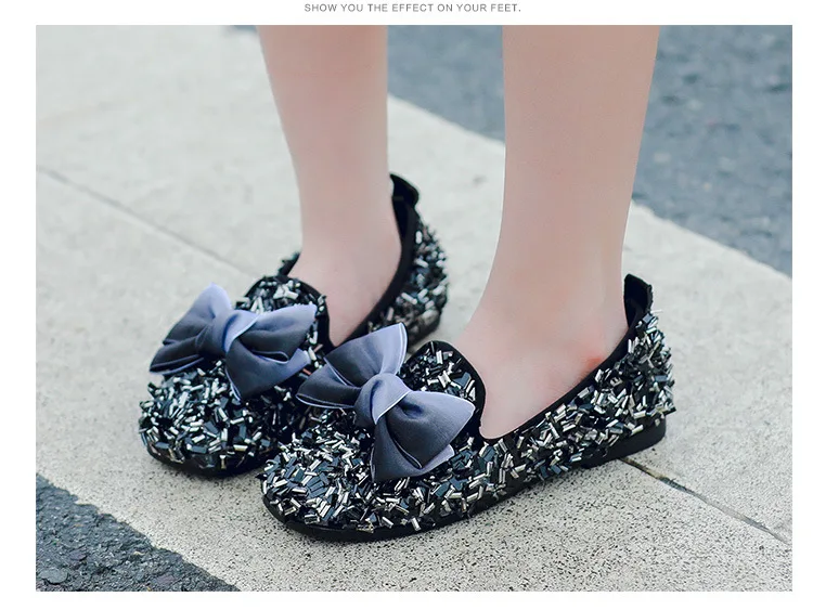 Autumn New Kids' Leather Shoes with Butterfly Knot Princess Shoes Big Bowknot Girls Flats with Sequins Flat Heel Slip On