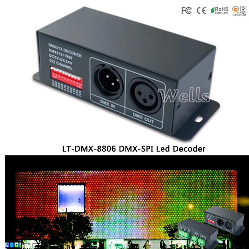 

DMX-SPI Led Decoder LT-DMX-8806 ;support LPD8803,LPD8806,LPD8809,LPD8812 data protocol DMX Decoder for led pixel screen