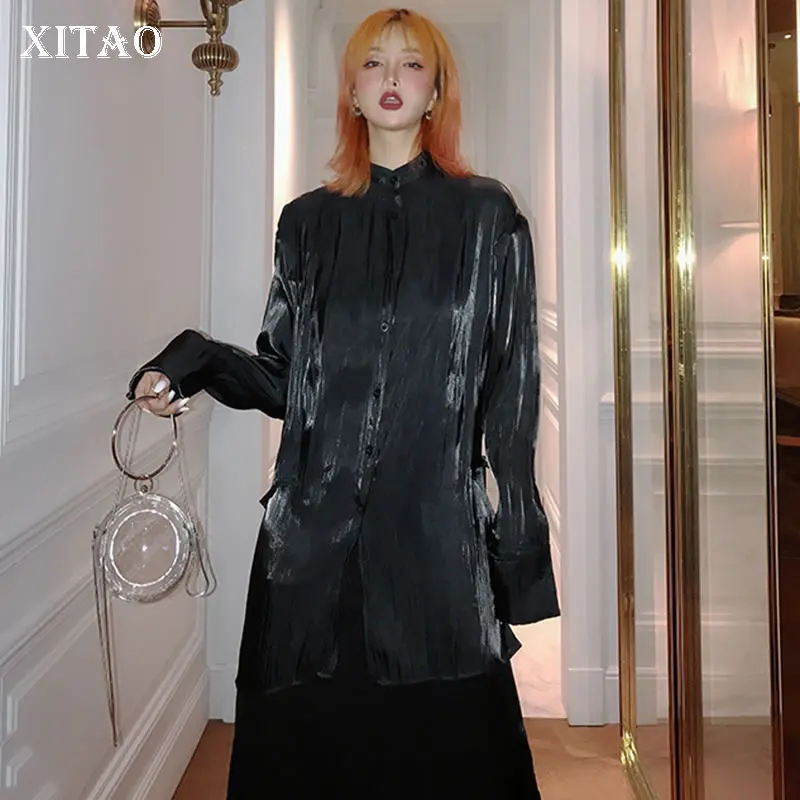 

XITAO Backless Split Wild Joker Blouse Women Korea Fashion Turn Down Collar Button 2019 Cardigans Wild Joker Elegant WLD2069
