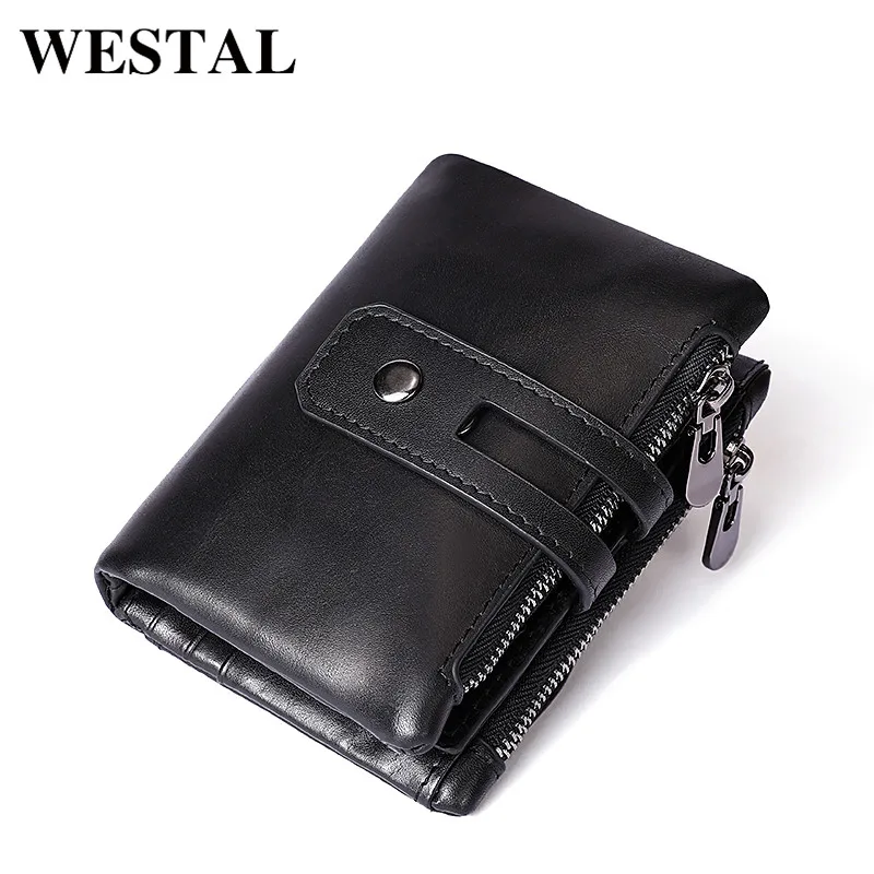 

WESTAL Wallet Men Genuine Leather Coin Purse Wallet Short Coin Wallet Zipper Card Holder Black Coin Purses for Credit Card Walet