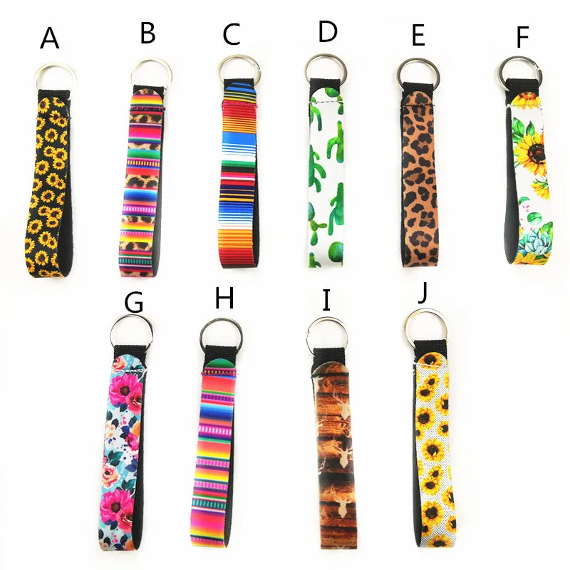 

20 Pcs Leopard Neoprene Stock Weistlet Keychain Sunflower Key Ring With Metal Buckles In Front Cactus Bag Charm Gift DOM524