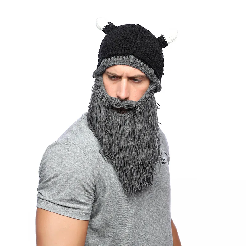 Barbarian Viking Beanie Beard Horn Hat Handmade Knit Winter Warm Cap Birthday Cool Funny Gag Party Xmas Gifts Bearded Mask Hat