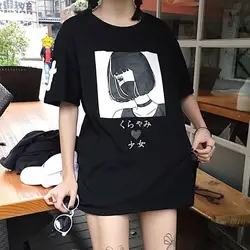 Девушки японский Harajuku характер Печатный t-shirt Городская Улица стиль панк готические топы свободный o-образным вырезом с коротким рукавом