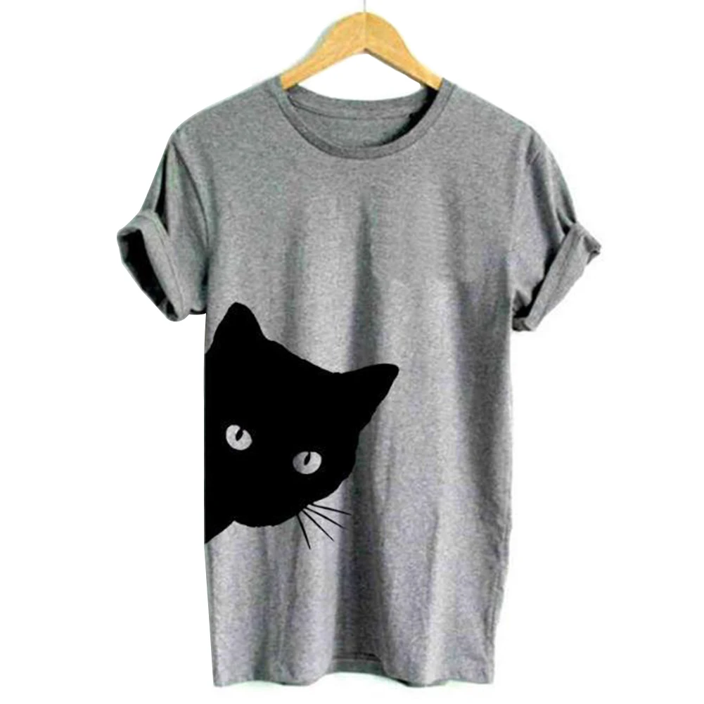 

Comfortable Casual Women T-shirt Crew Neck Fashion Short Sleeve Daily Tee Cat Print Tops Basic Soft Slim Fit Summer