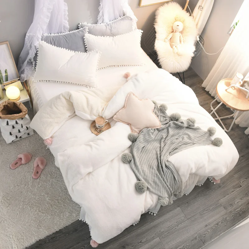

Luxury simple warm sheep cashmere bedding set coral velvet quilt cover pillowcase soft comfortable bed skirt bedding home 4pcs