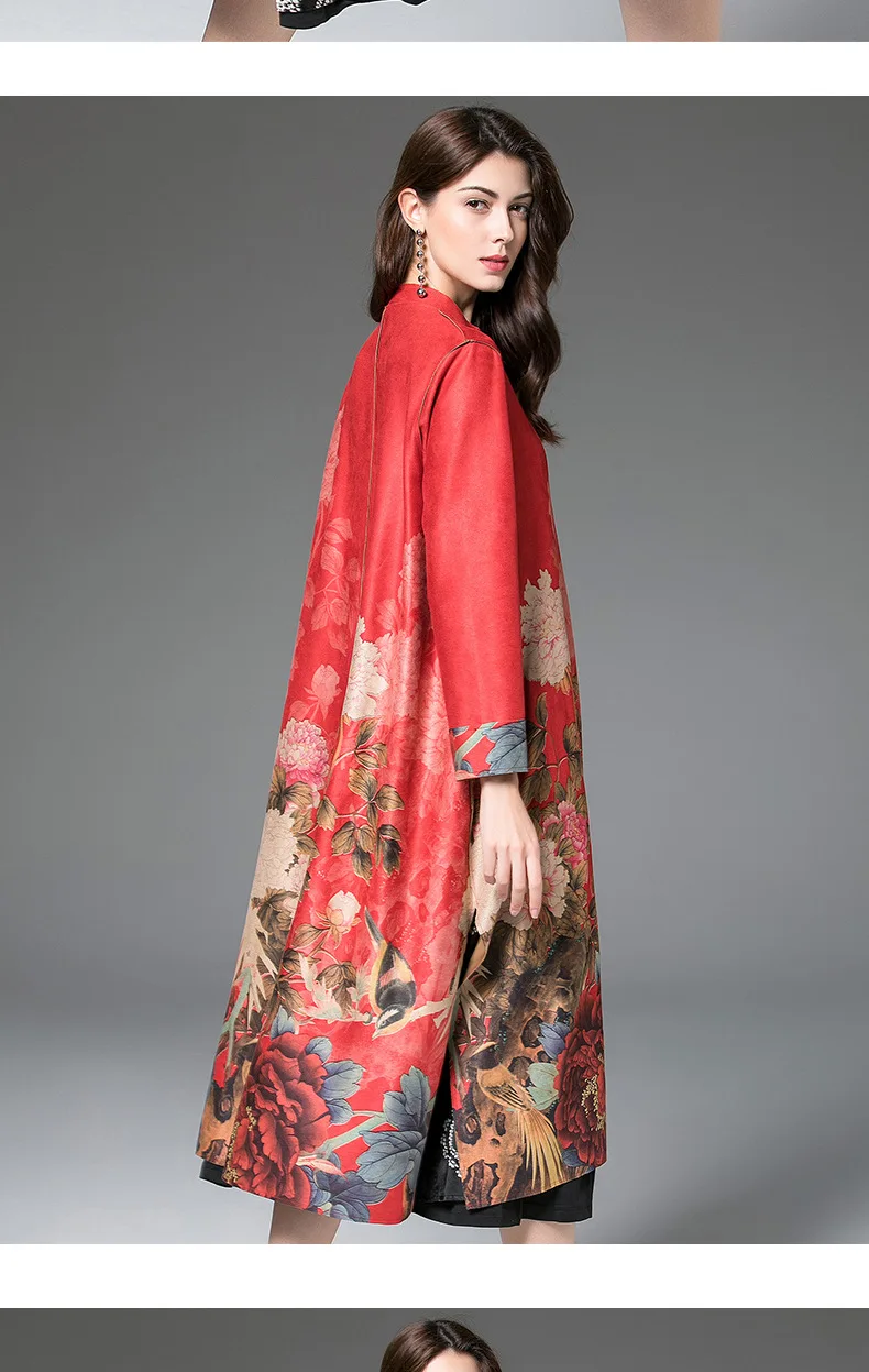 Осенне-зимний Женский Тренч, винтажное замшевое длинное женское пальто с цветочным принтом и поясом, женская верхняя одежда, пальто размера плюс kz684