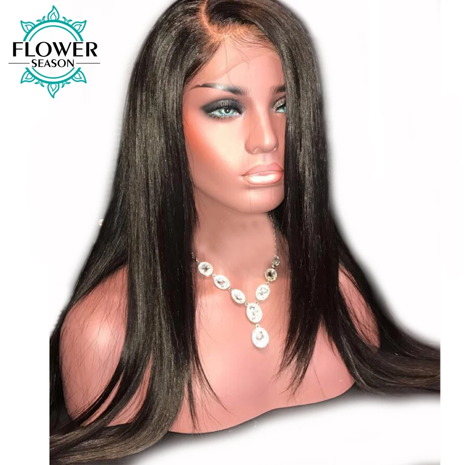 FlowerSeason Silky Straight Brazilian Full Lace Human Hair Wigs With