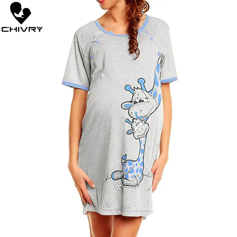 

Chivry Maternity Dress Women Deer Cartoon Print Short Sleeve Nightdress Cotton Pregnant Casual Clothes Summer Maternity Dress