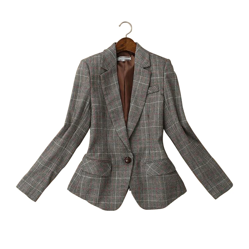Women Blazers 2021 High Quality Notched Long Sleeves Plaid Single