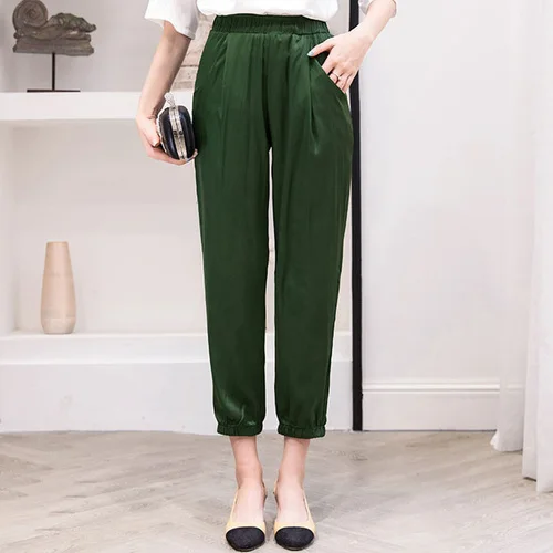 Натуральные шелковые шаровары женские летние корейские рабочие белые брюки с эластичной талией однотонные шелковые брюки из натурального шелка - Цвет: Зеленый