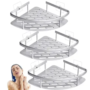 

Bathroom Drilling Aluminum Pack of 3 Shower Rack Adhesive Bathtub Corner Shelf Kitchen Organizer, 11 inch widest, Silver