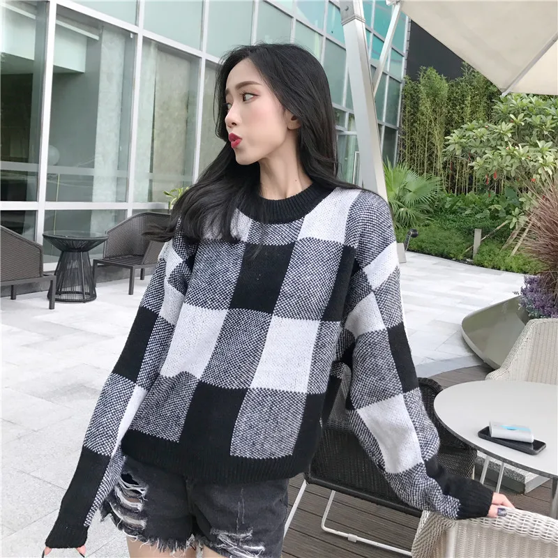 Missoov Loose Knitted Tops Sweaters Sweet  Plaid  Long 