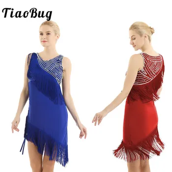 

TiaoBug Shiny Sequins Asymmetrical Tassel Fringe Women Salsa Latin Dance Dress Shorts Set Tango Rumba Ballroom Dance Costumes