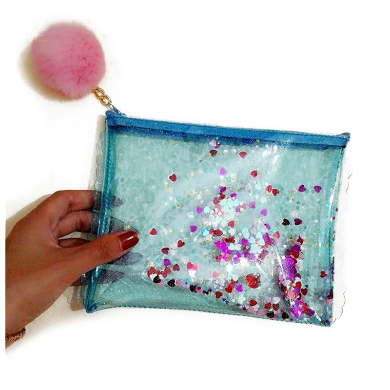 

Creative Cute Transparent Sequins Jelly Silicone Pencil Case With Hair ball Pen Bag Girls Cosmetic Bag School Supplies blue-SC