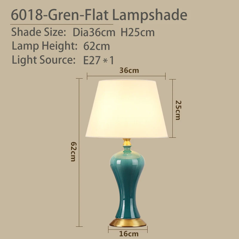 Медная настольная лампа для спальни, прикроватная лампа, Цзиндэчжэнь, керамическая лампа, роскошная, для гостиной, украшенная светодиодными лампами - Цвет абажура: 6018-Green-Flat