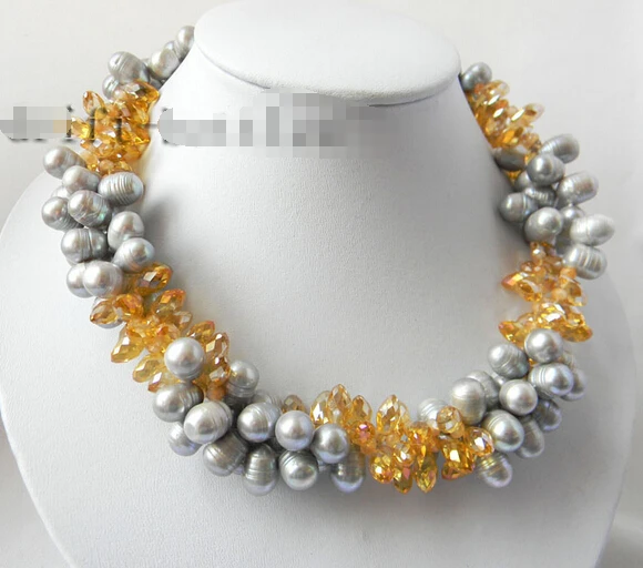 

HOT## Wholesale > 3Strands Rice Gray Freshwater Pearl Teardrop Faceted Citrine Necklace