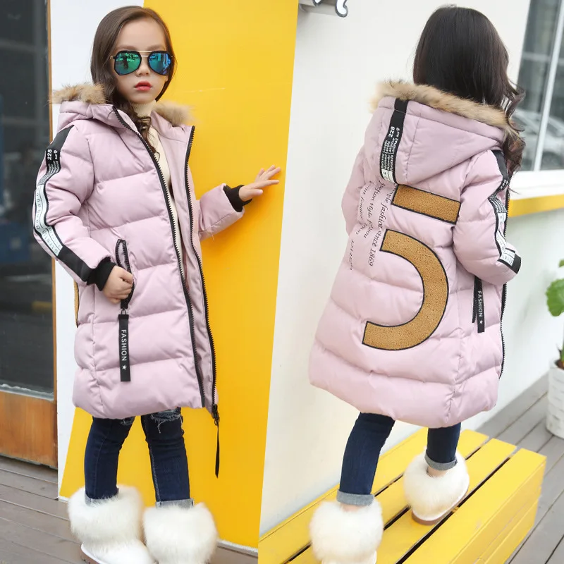 

New girls Winter New Cotton Jackets Girls Fashion Fur Collar Letters Coats Girl Thickening Hooded Warm Jacket kids clothes