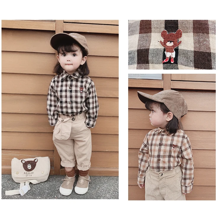 

Baby Girls 2019 Spring New Cute Teddy Bear Embroidery Contrast Color Grid Cotton Shirt Children Long Sleeve Tops
