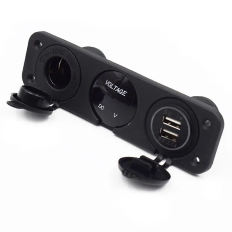 1set Car Boat 3 Hole Panel Dual USB Charger+Blue LED Voltmeter+12V Socket Waterproof