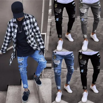 

New Patchwork Ripped Jeans Men Fashion Destroyed Denim Pants 3 Colors