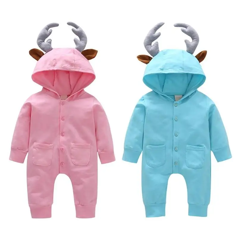 

2018 Autumn Cartoon Antler Cotton Baby Hooded Romper Toddler Baby Girls Boys 3D Cartoon Deer Buttons Hooded Jumpsuit Outfits