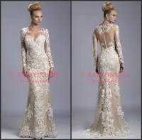 Champagne Sheer Mother Of the Bride Dresses Crew Illusion Long Sleeve Lace 2014 Janique K6431 Mermaid Prom Evening Gowns Zipper