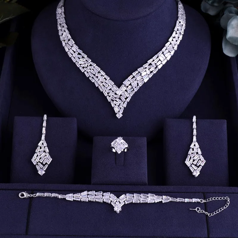 

Luxury AAA cubic zirconia heavy necklace ,drop earrings ,bracelet and ring 4pcs dubai full wedding bridal jewelry set for woman