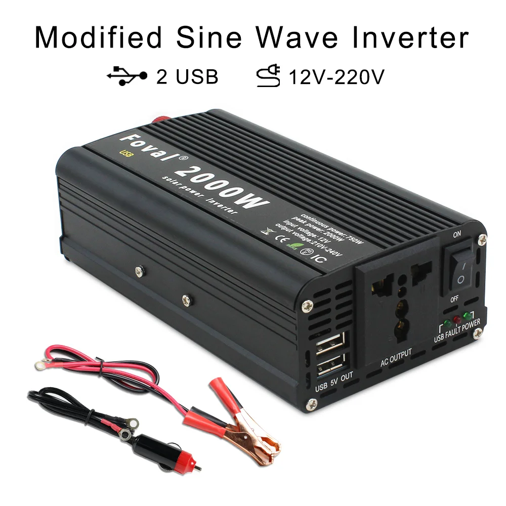 

Dual USB 2000W Solar Car Power Inverter DC12v to AC 220v Auto Inverter Modified Sine Wave And Cigarette Lighter Plug Power Black