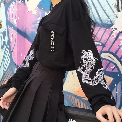 Женская одежда ulzzang, Корейская уличная одежда, Харадзюку, осенняя, с карманами, с цепочкой, с вышивкой дракона, с длинным рукавом, свободные толстовки, свитшоты - Цвет: Черный