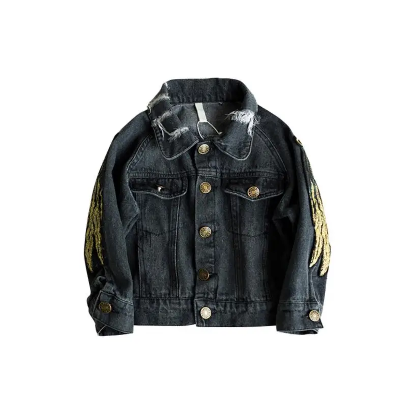 Baby boys fashion spring autumn hole jackets kids denim balck ripped golden embroidery wing coats children clothes 2-6Y WS260