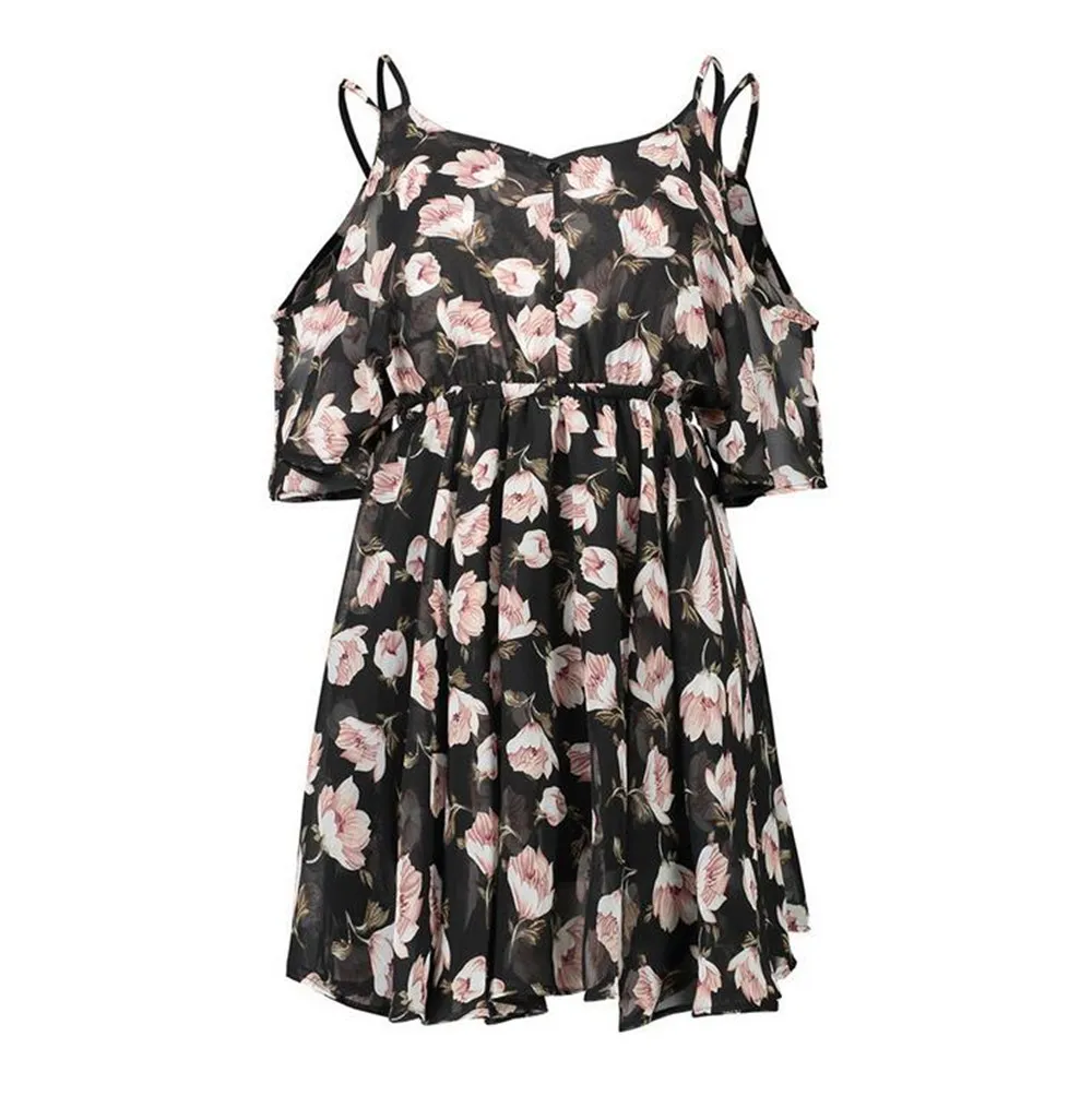 Casual Beach Dress Cold Shoulder ruffle print Summer dresses women High waist strap chiffon beach dress Boho party sexy dresses (15)