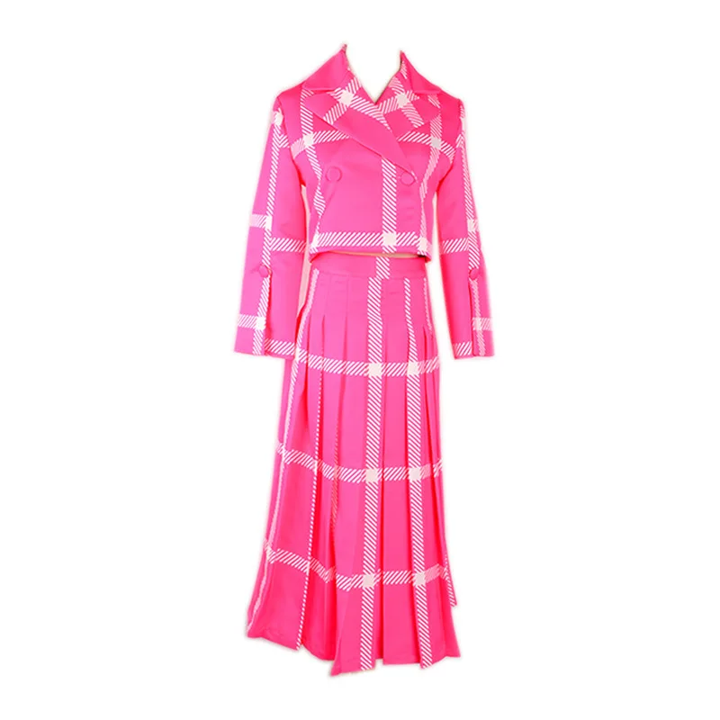 Осенне-зимний клетчатый комплект из двух предметов, топ и юбка, короткий топ с двубортной плиссированной юбкой до середины икры, розовый костюм с платьем - Цвет: Pink