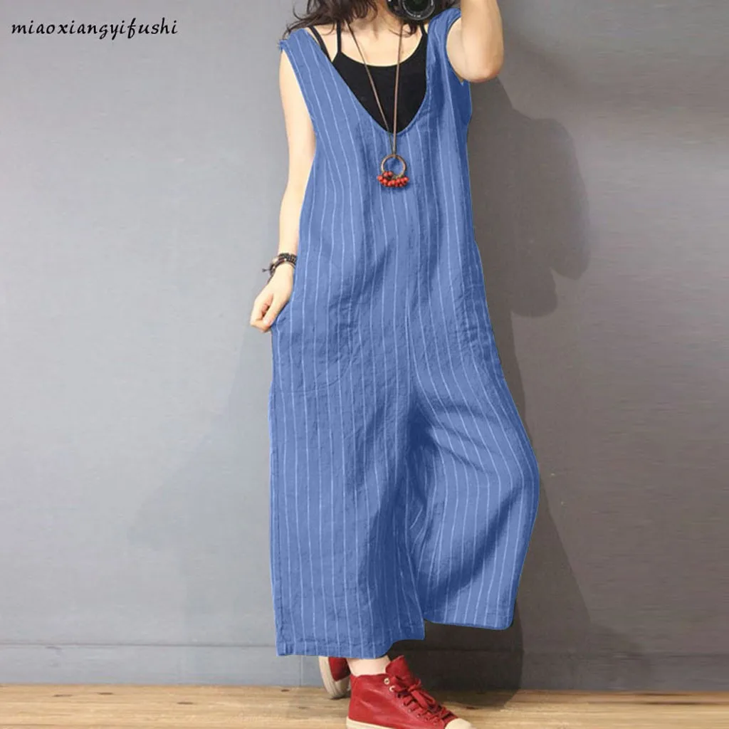 overalls Women Long pant loose Jumpsuit baggy Woman Summer Striped Casual Cotton Iinen summer Long Jumpsuit plus size d90618
