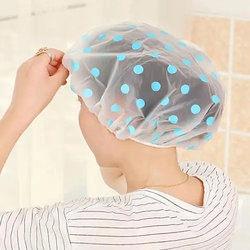 

Lovely Dots Thickened Waterproof Transparent Shower Cap Bathroom Bathing Hat ！