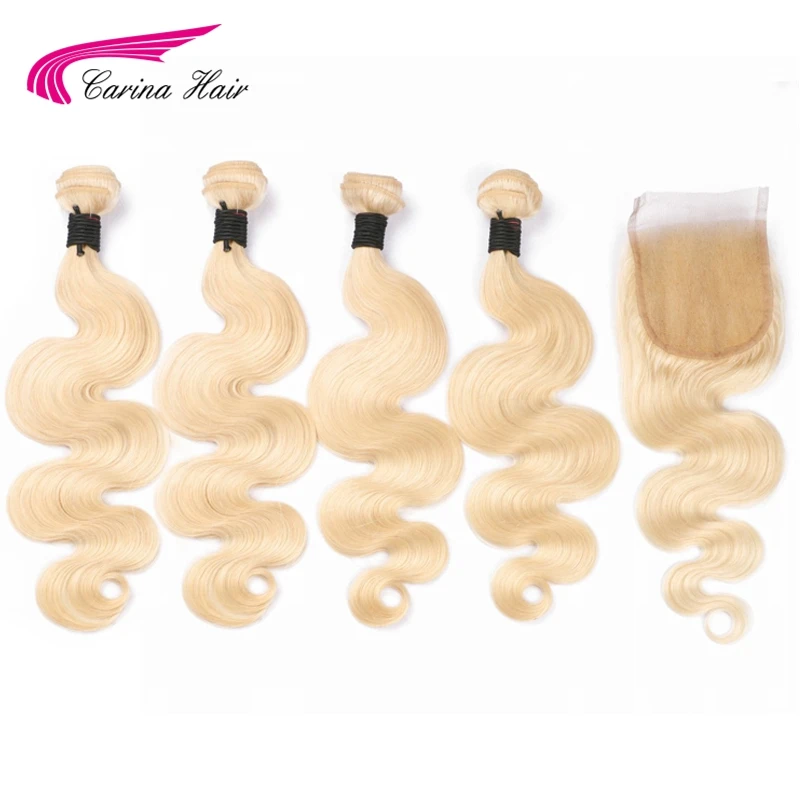 

Carina Peruvian Body Wave 613 Color 4pcs Hair Bundles with Lace Closure Pure Blonde Remy Human Hair Weft with 4*4 Closure