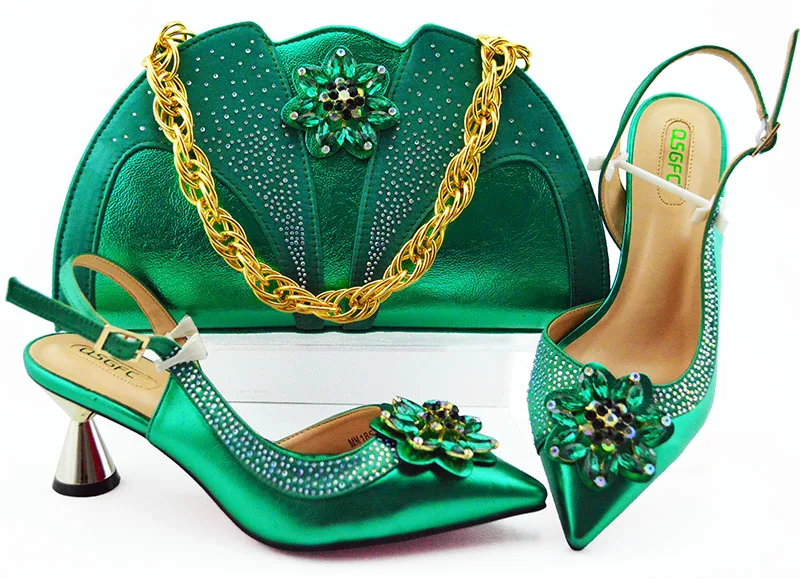 

2019 fashion shoes and bag matching set bright green nice italian shoes and bag for african lace dress aso ebi party SB8350-3