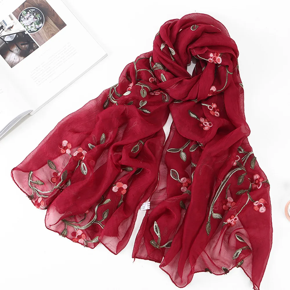 Зимний женский шифоновый шарф с цветочной вышивкой, шарф хиджаб, повязка на голову, Женский мусульманский хиджаб шарф