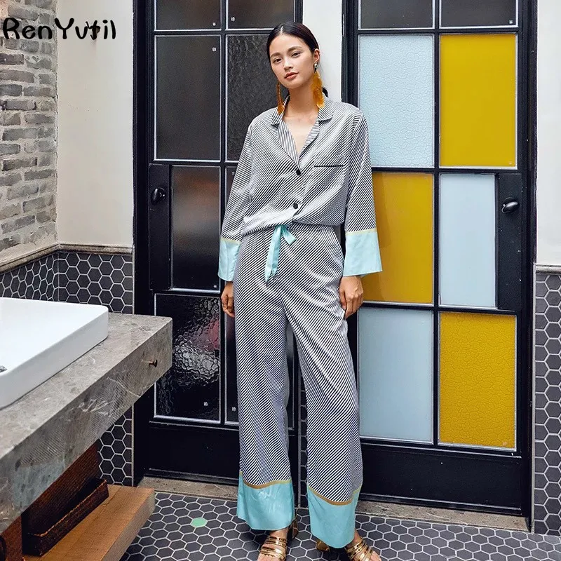 RenYvtil фирменный дизайн роскошные полосатые шелковые пижамы брюки костюм 2 шт. пижамы Женская домашняя одежда для отдыха пижамы