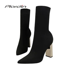 Plardin/зимние сапоги до середины икры в сдержанном стиле; шикарная женская обувь на квадратном каблуке с острым носком; модные женские сапоги из эластичной ткани на тонком каблуке
