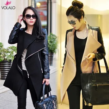 

2018 Winter Women Plus Size Long Wool Blends Coat Zipper Long Sleeve Faux Leather Sleeve Patchwork Jacket Pu Leather Windbreaker