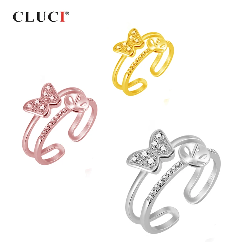 

CLUCI Silver 925 Adjustable Cubic Zircon Pearl Ring Mounting Women Butterfly Ring Engagement Party Jewelry Women Gift